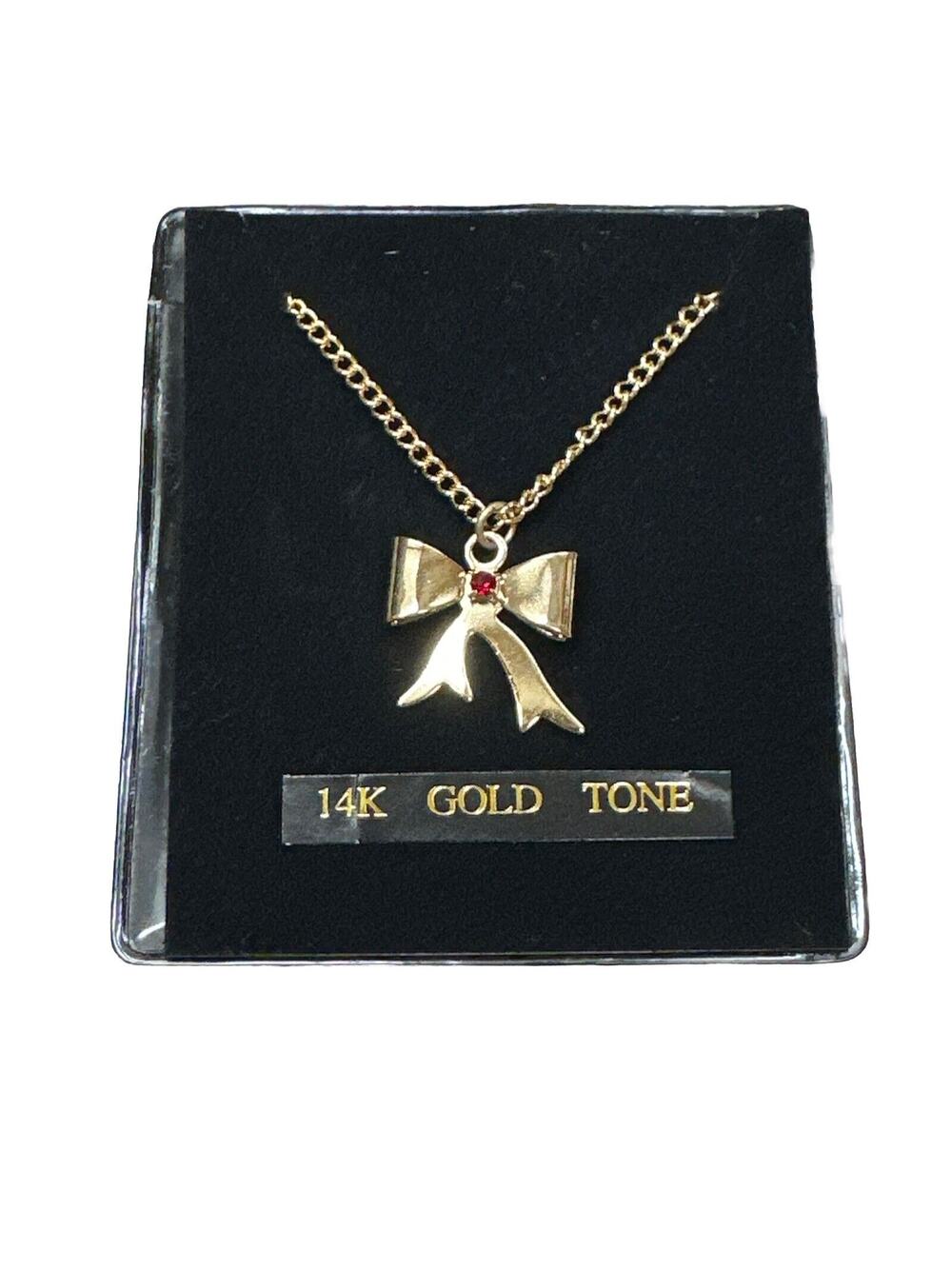 14K Gold Tone Bow Necklace Red Center Stone Costume Jewelry Vintage Inspired - Picture 1 of 5